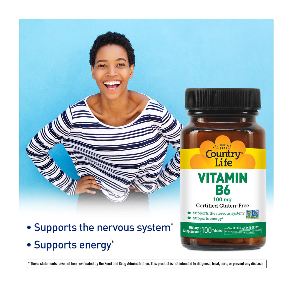 Country Life B-6 capsules in bottle showing daily energy and nervous system support.