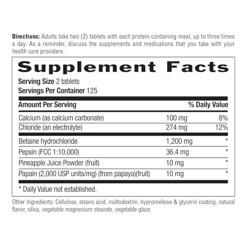 Country Life Betaine HCl with Pepsin bottle back label reveals ingredients and suggested use.