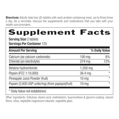Country Life Betaine HCl with Pepsin bottle back label reveals ingredients and suggested use.