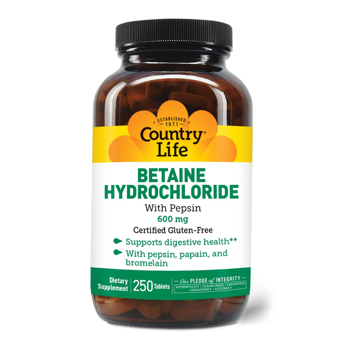 Country Life Betaine HCl with Pepsin bottle front supports stomach digestion.