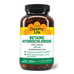 Country Life Betaine HCl with Pepsin bottle front supports stomach digestion.