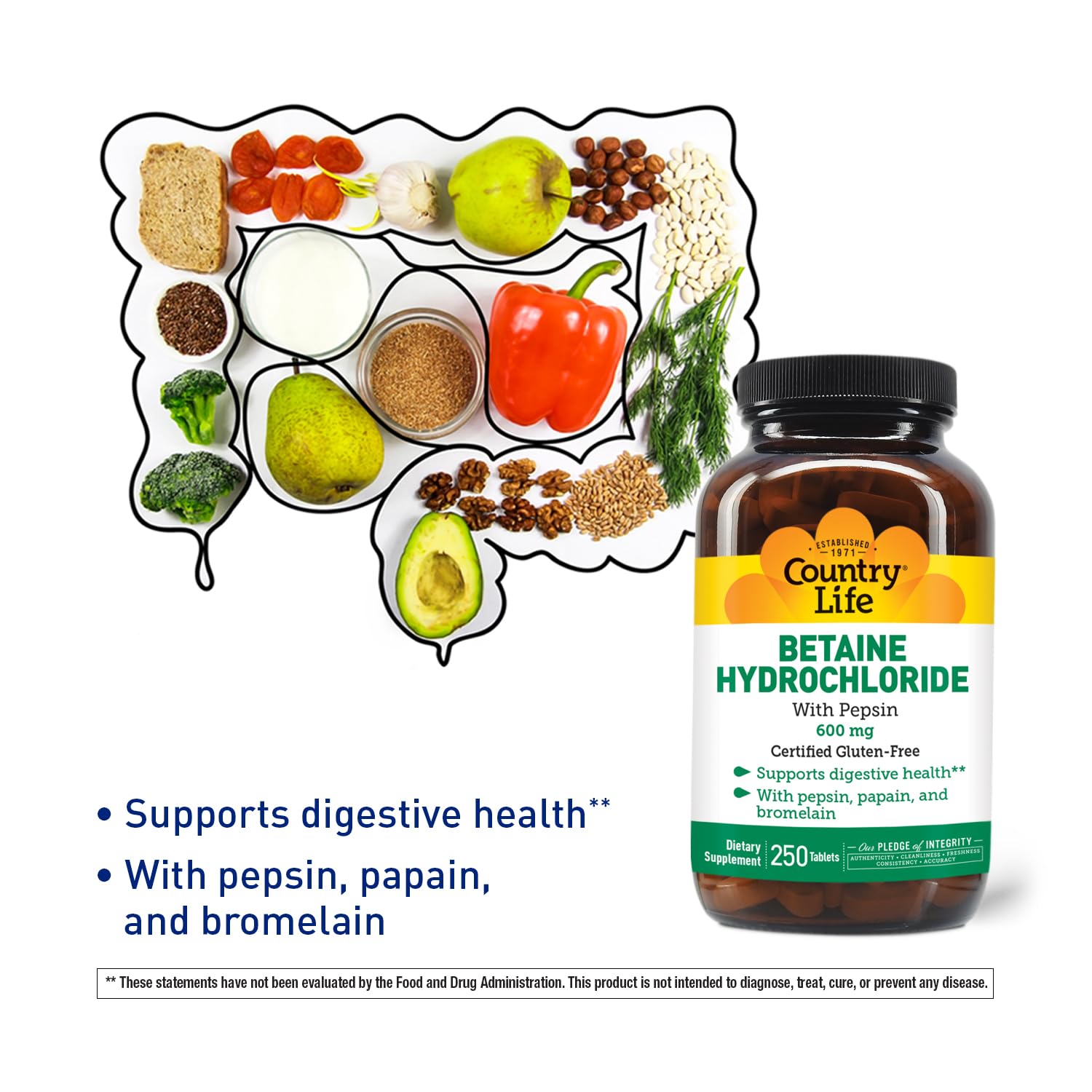 Country Life Betaine HCl with Pepsin gluten-free seal confirms GFCO certification.