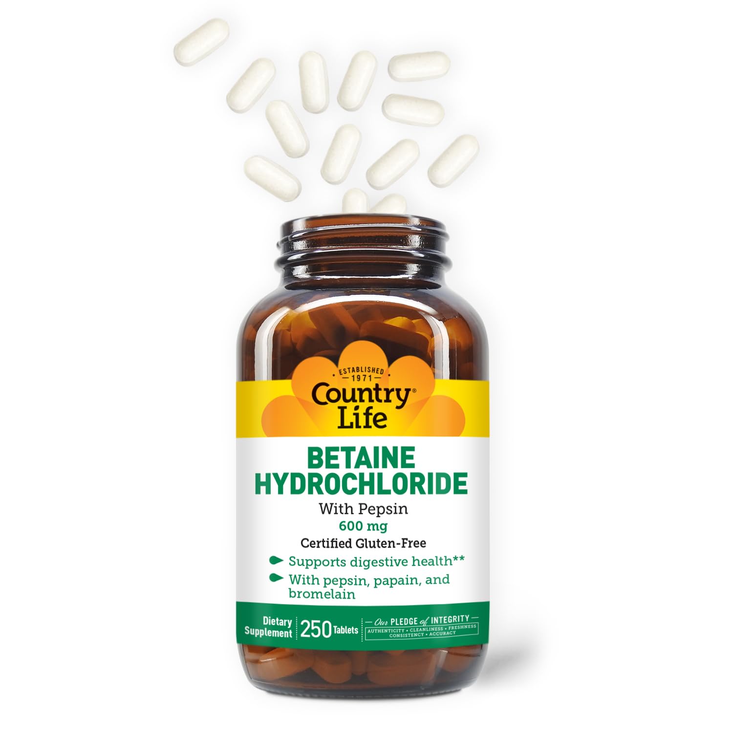 Country Life Betaine HCl with Pepsin ingredients detail shows enzymes that aid digestion.