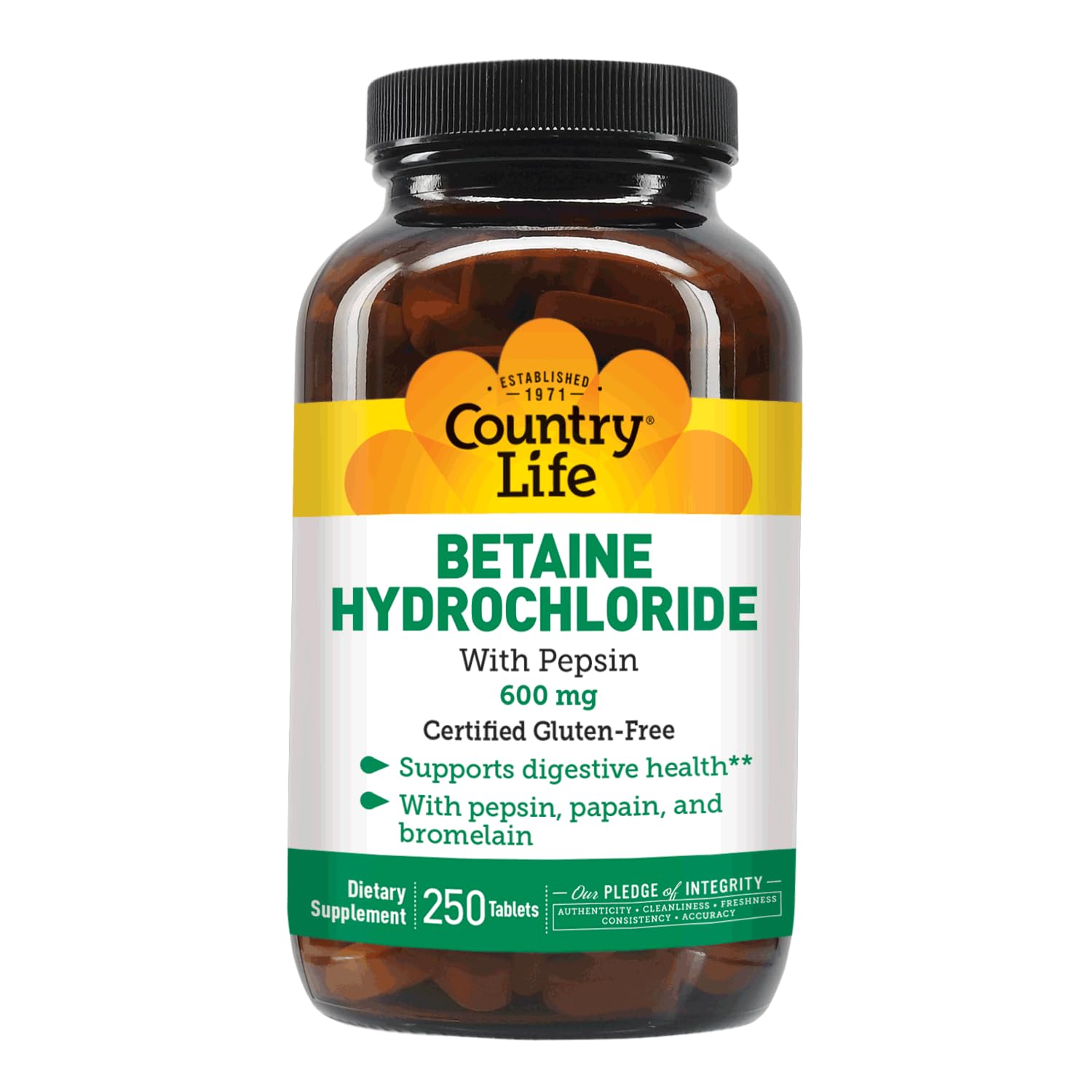 Country Life Betaine HCl with Pepsin packaging display for convenient shelf storage.