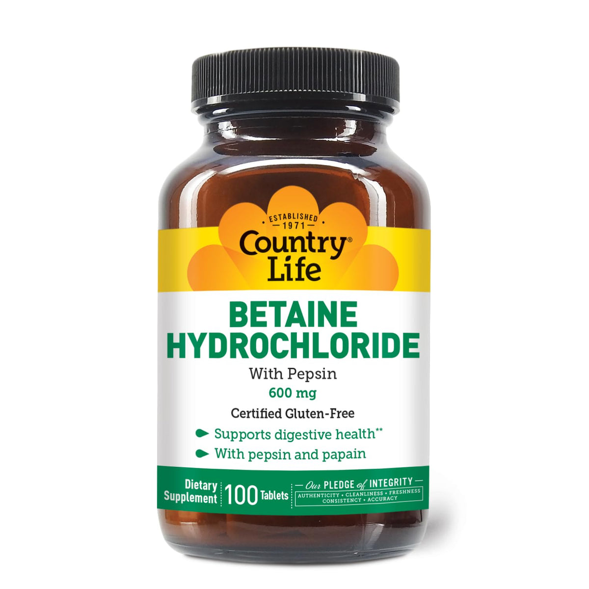 Country Life Betaine Hydrochloride bottle for digestive support.