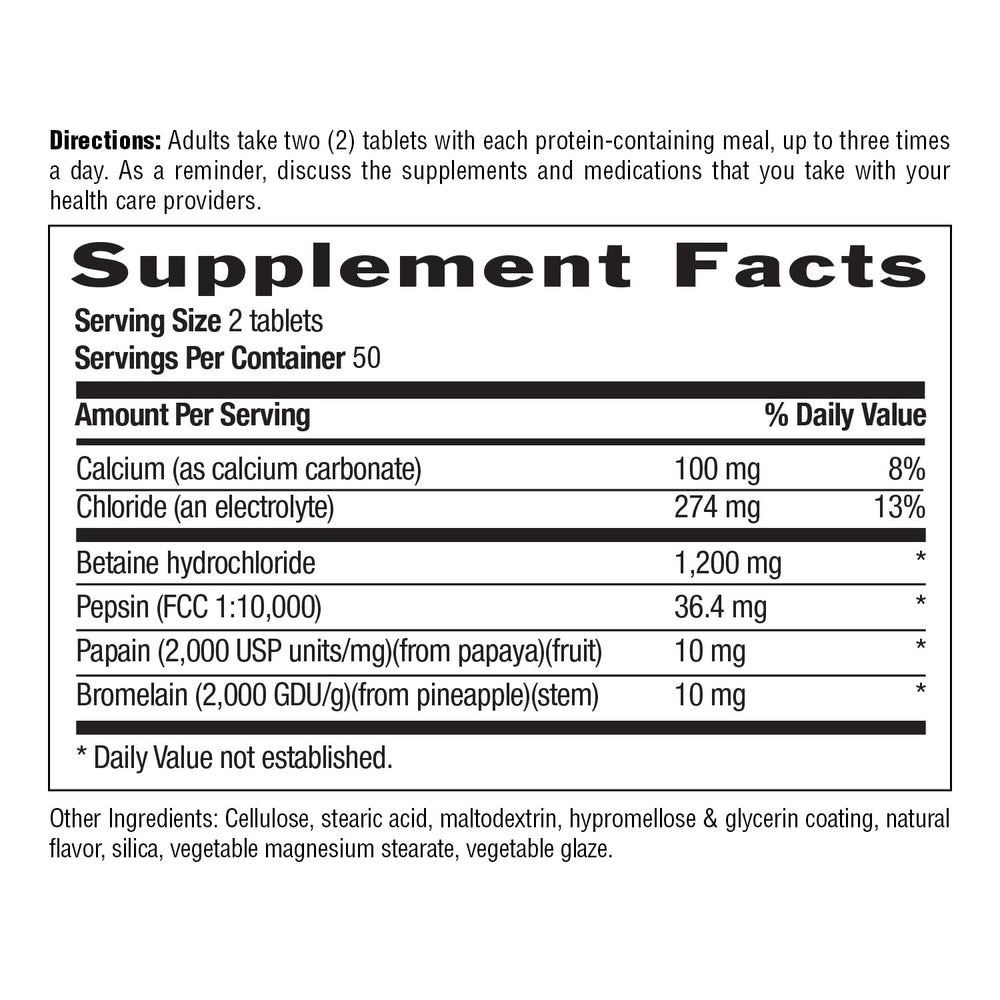 Country Life Betaine Hydrochloride label showing enzymes Pepsin, Papain, Bromelain.