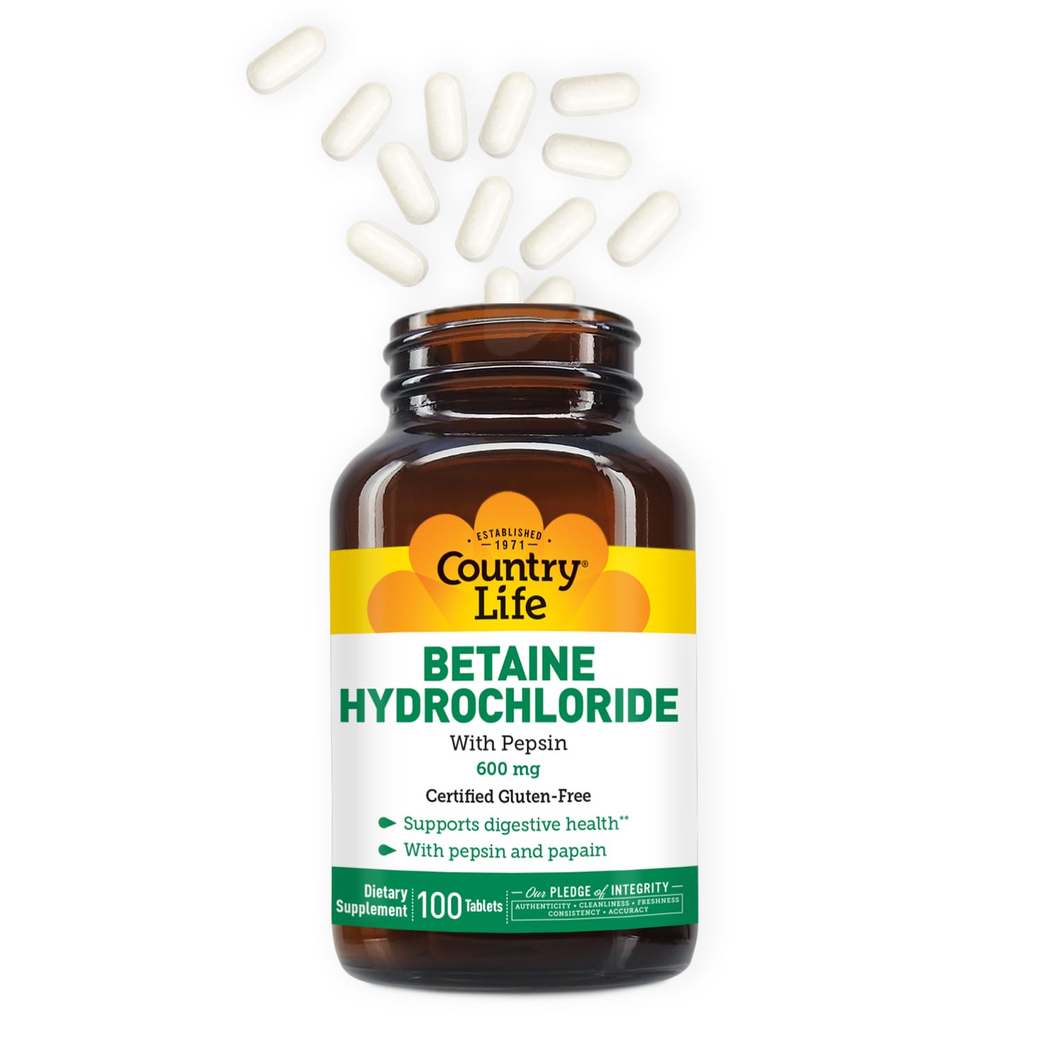 Country Life Betaine Hydrochloride packaging confirms gluten-free status.