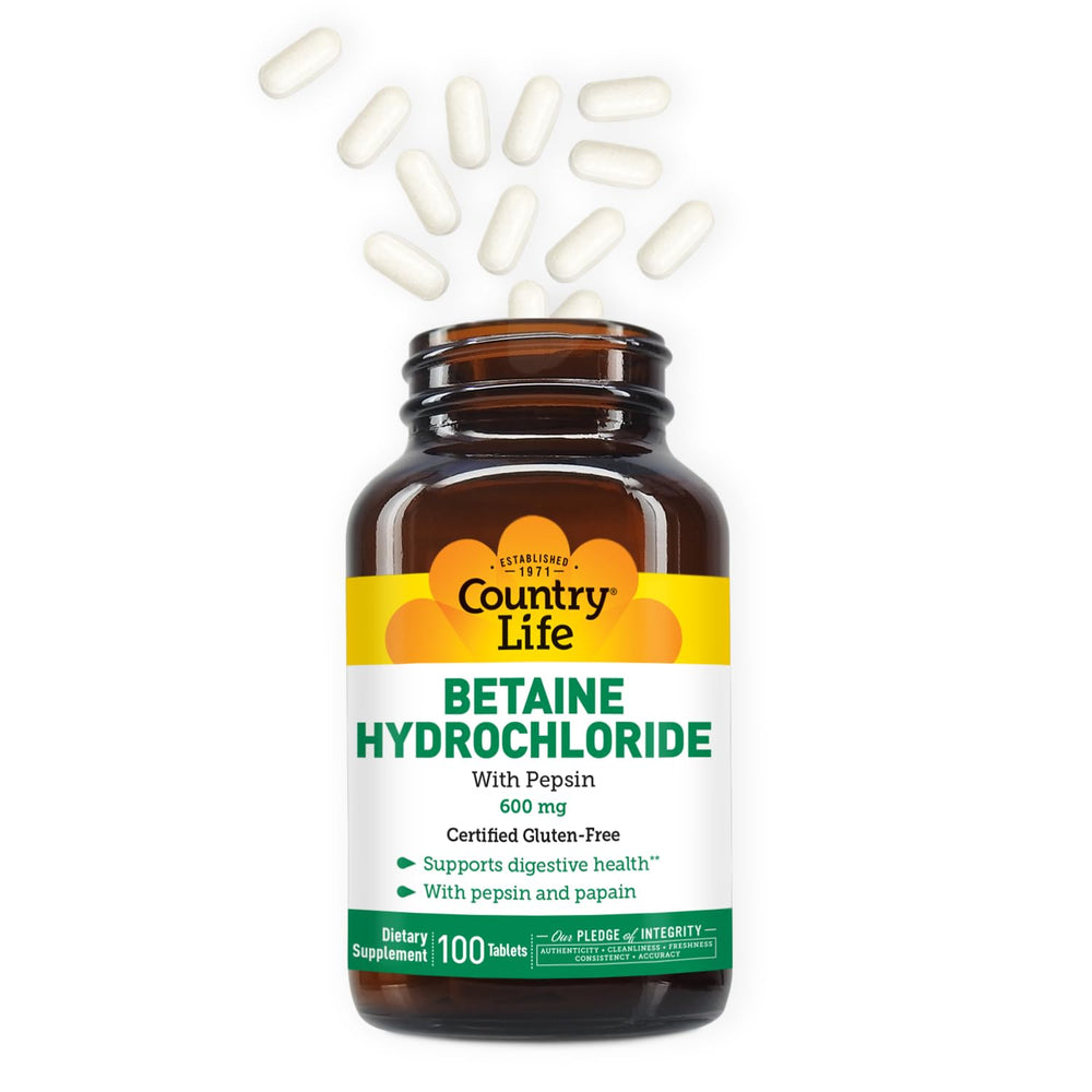 Country Life Betaine Hydrochloride packaging confirms gluten-free status.