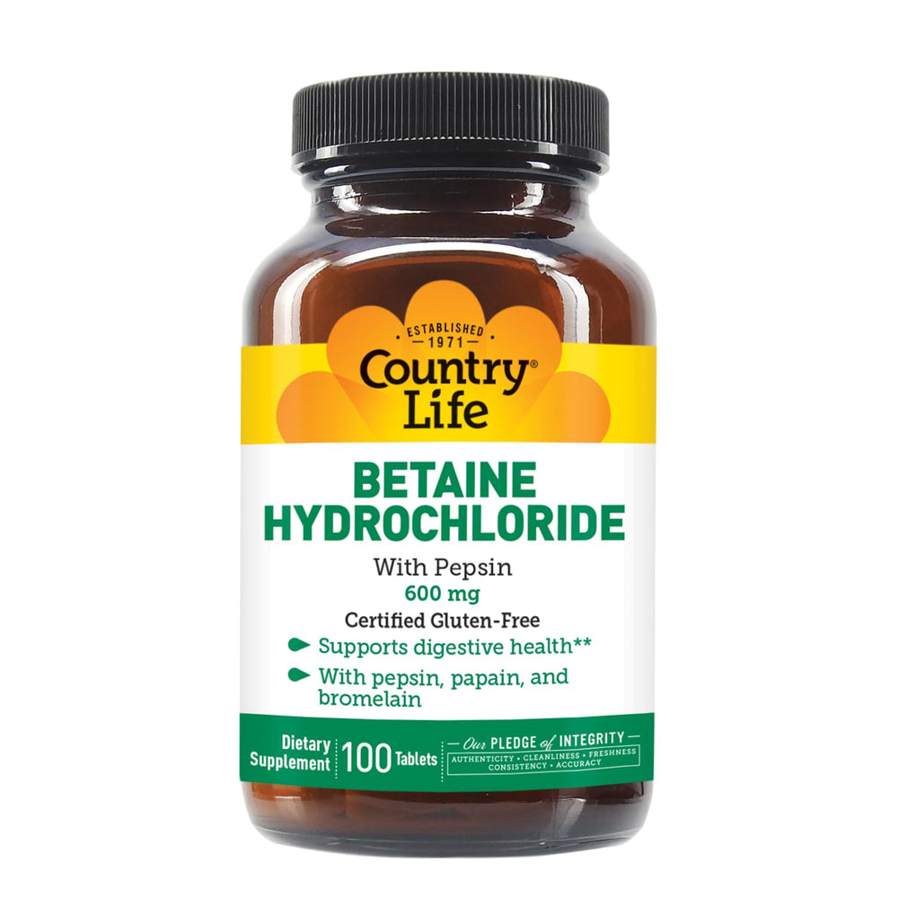 Country Life Betaine Hydrochloride box and bottle highlighting integrity pledge.