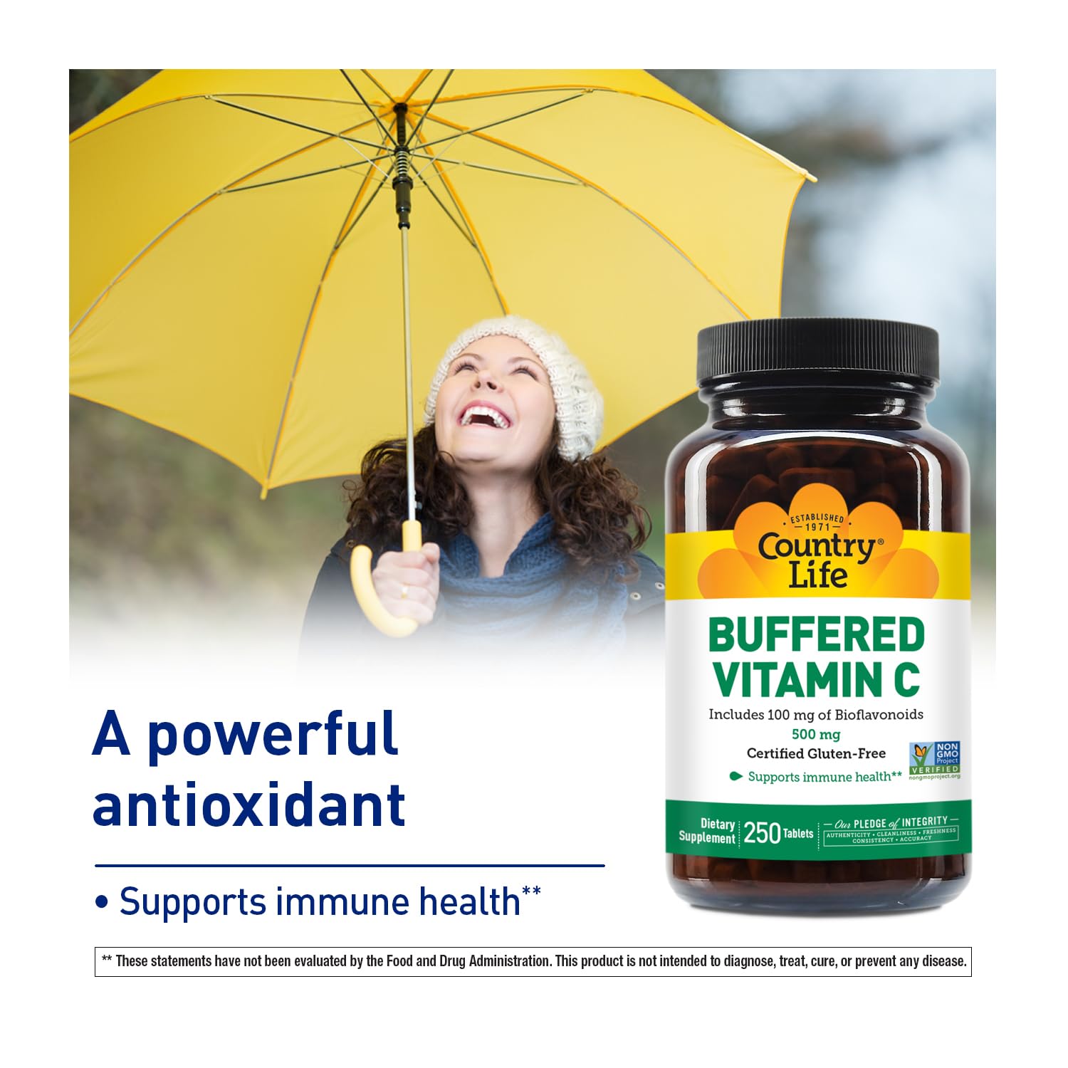 Country Life gluten-free vegan certification label on Vitamin C Buffered packaging.
