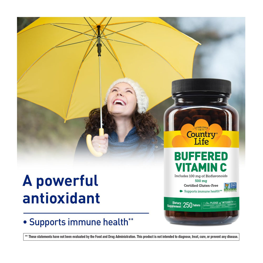 Country Life gluten-free vegan certification label on Vitamin C Buffered packaging.