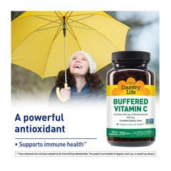 Country Life gluten-free vegan certification label on Vitamin C Buffered packaging.