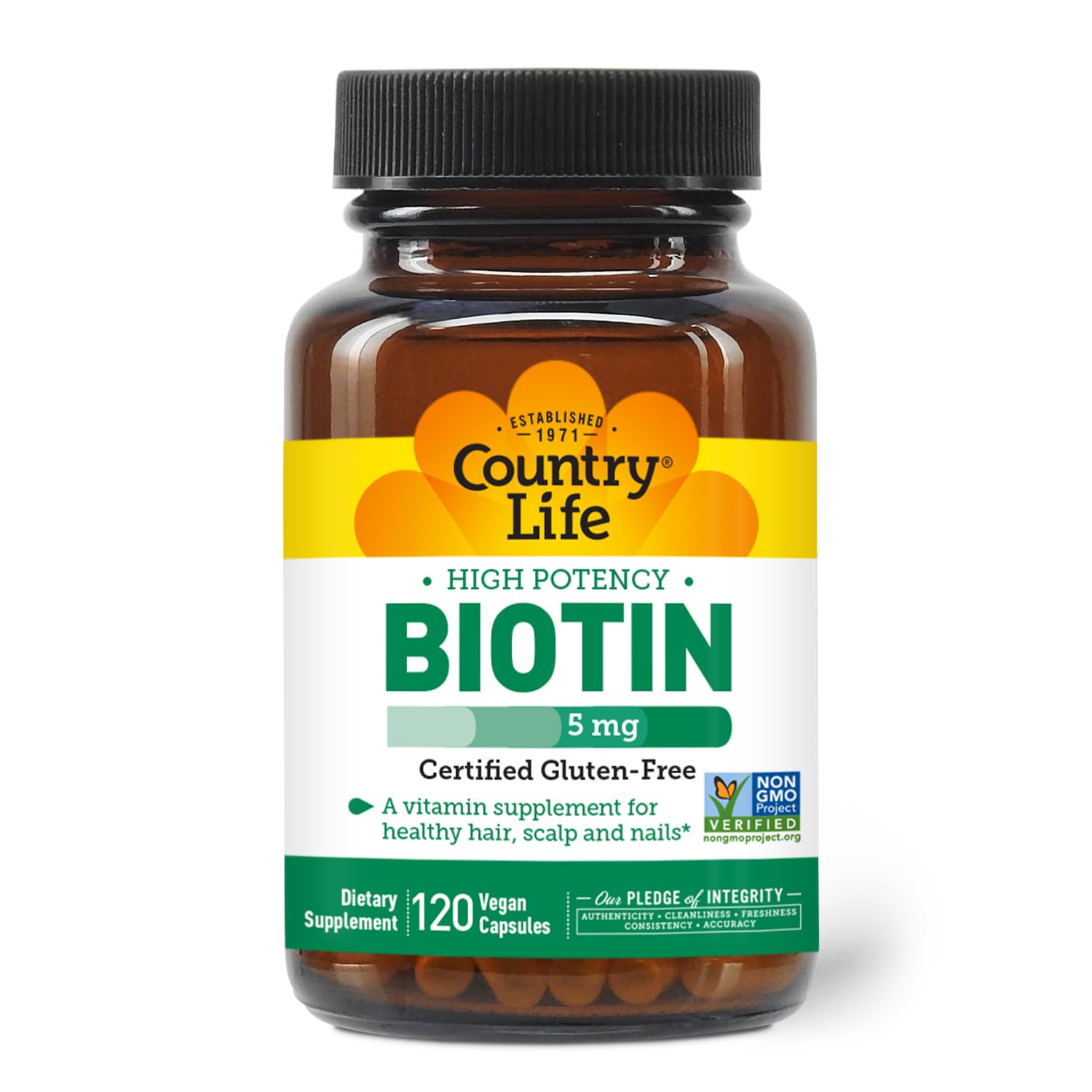 Closeup of Country Life Biotin High Potency label showing 5 mg dosage.