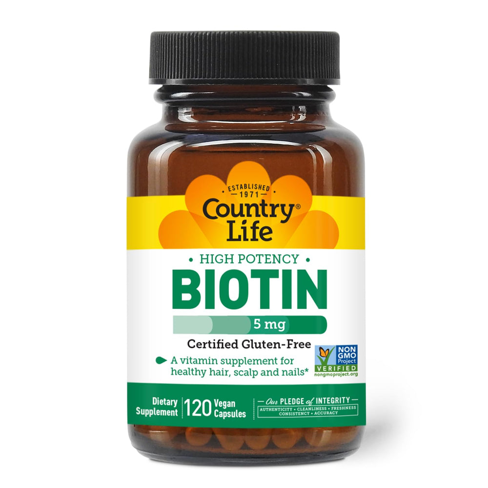 Closeup of Country Life Biotin High Potency label showing 5 mg dosage.