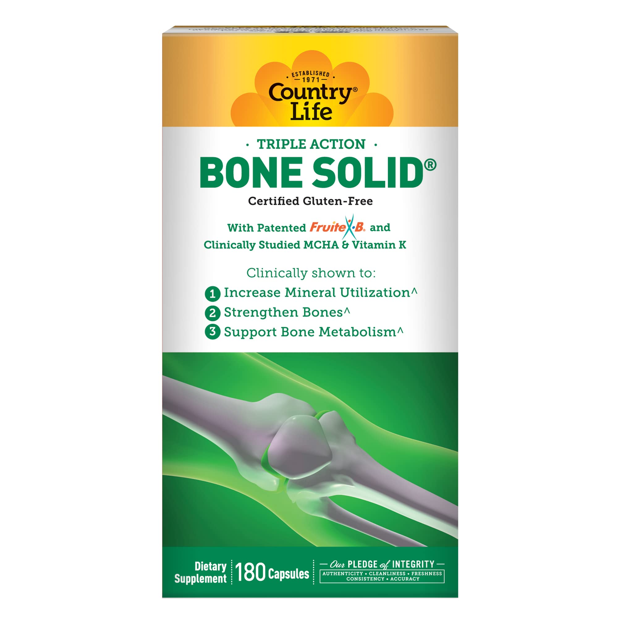 Country Life Bone Solid bottle front promotes strong bones with proven mineral support