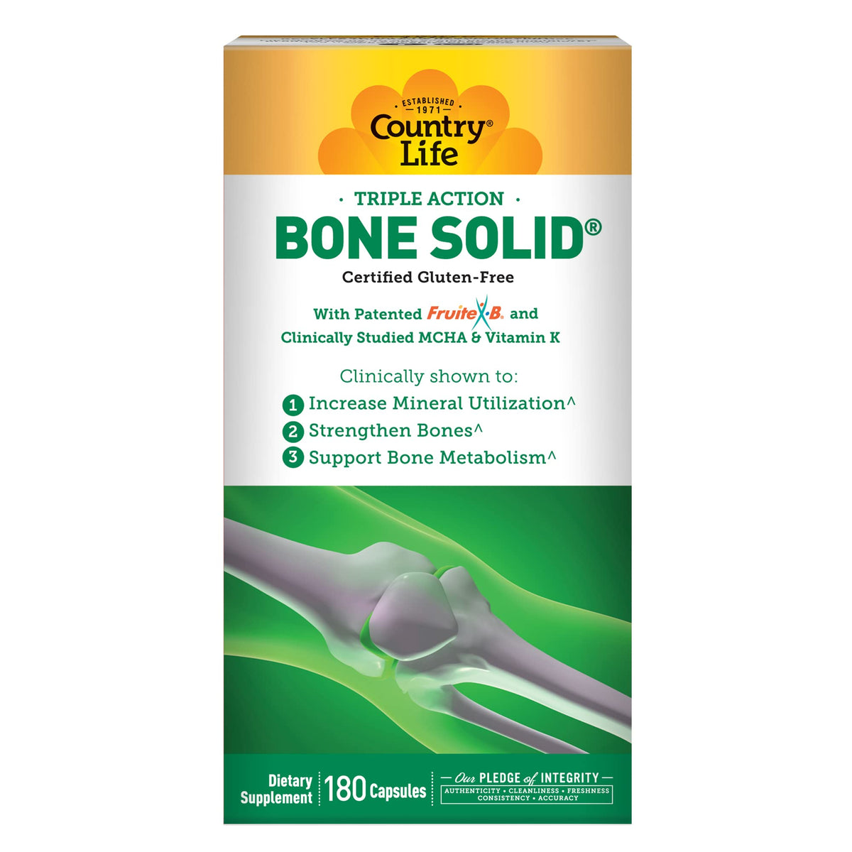 Country Life Bone Solid bottle front promotes strong bones with proven mineral support