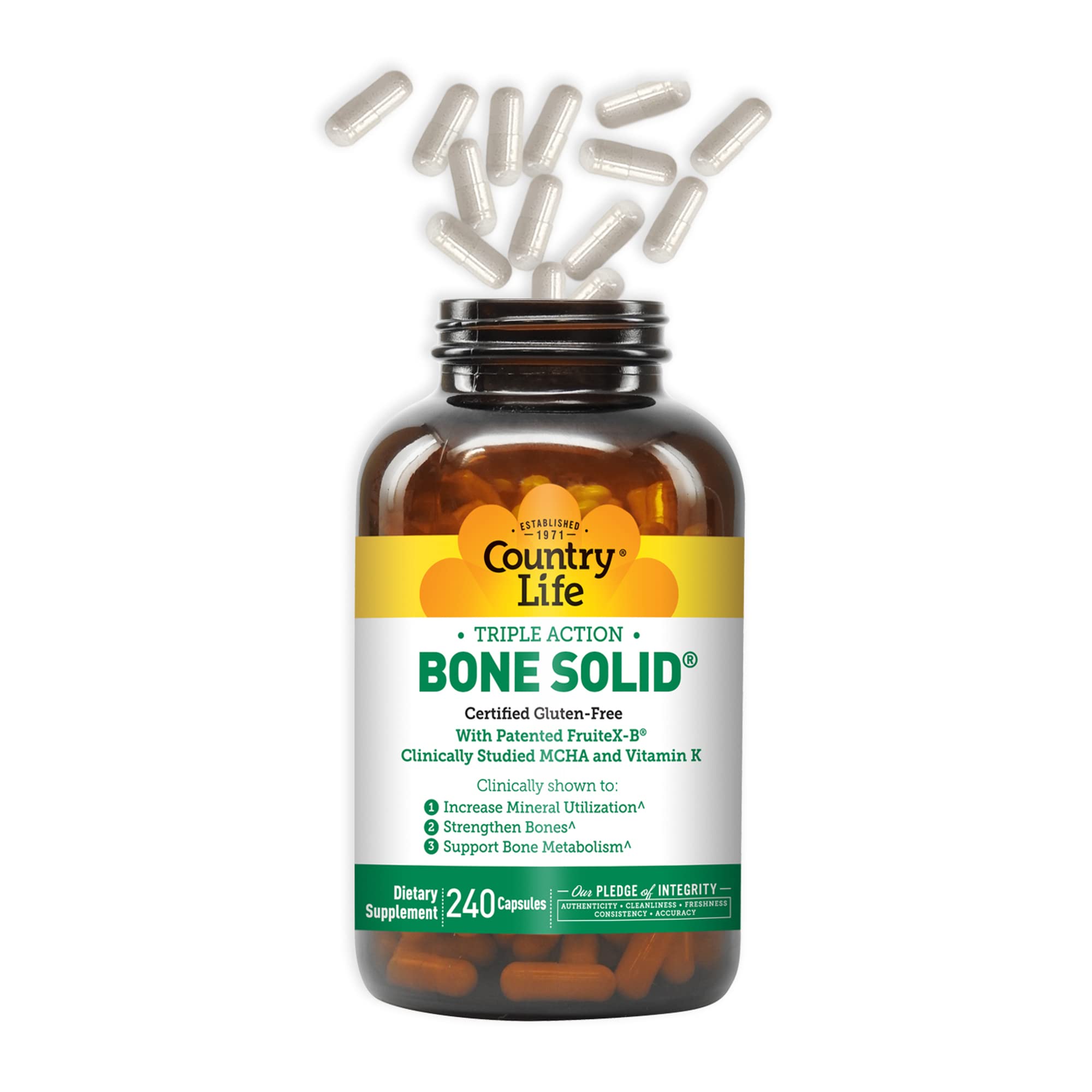 Country Life Bone Solid capsules closeup highlighting convenient daily use