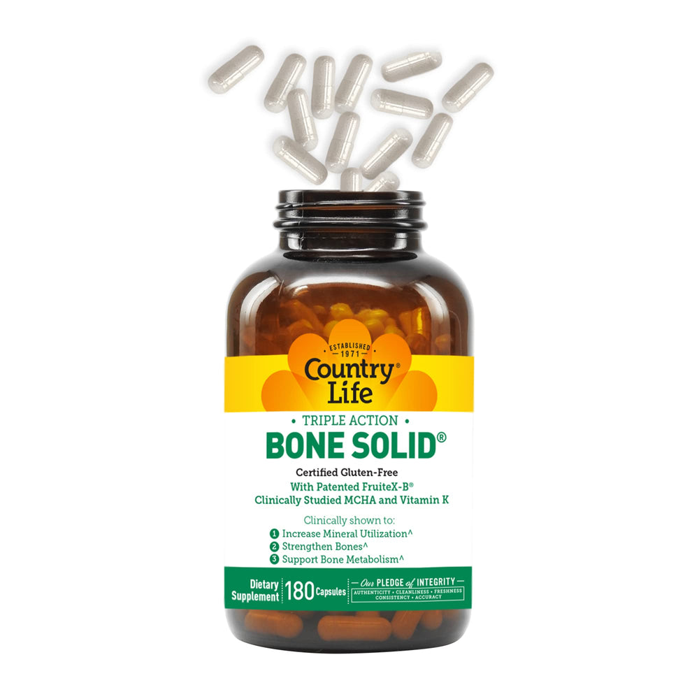 Country Life Bone Solid capsules dispense image highlights calcium and minerals delivery