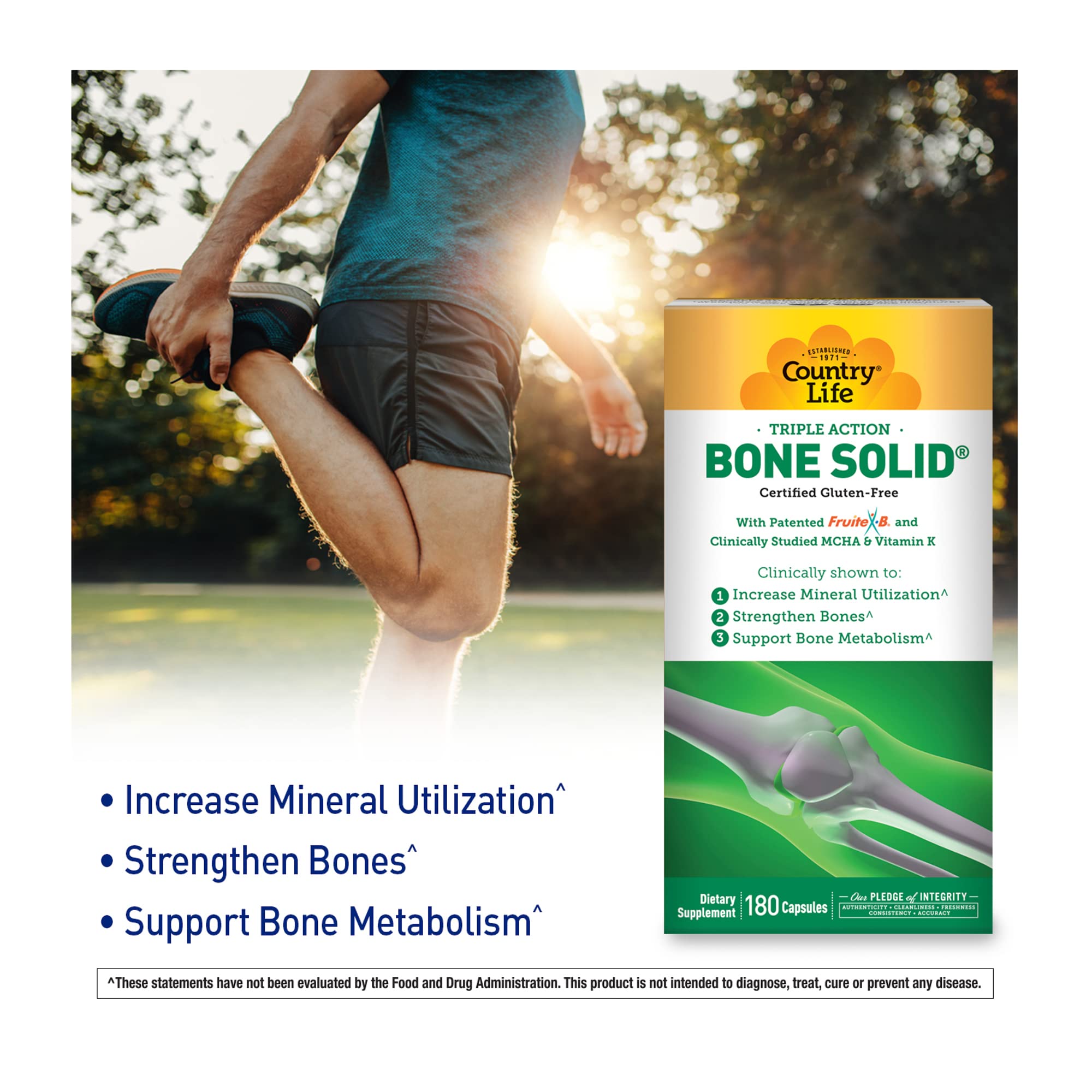 Country Life Bone Solid ingredients label shows MCHA and vitamins for bone metabolism