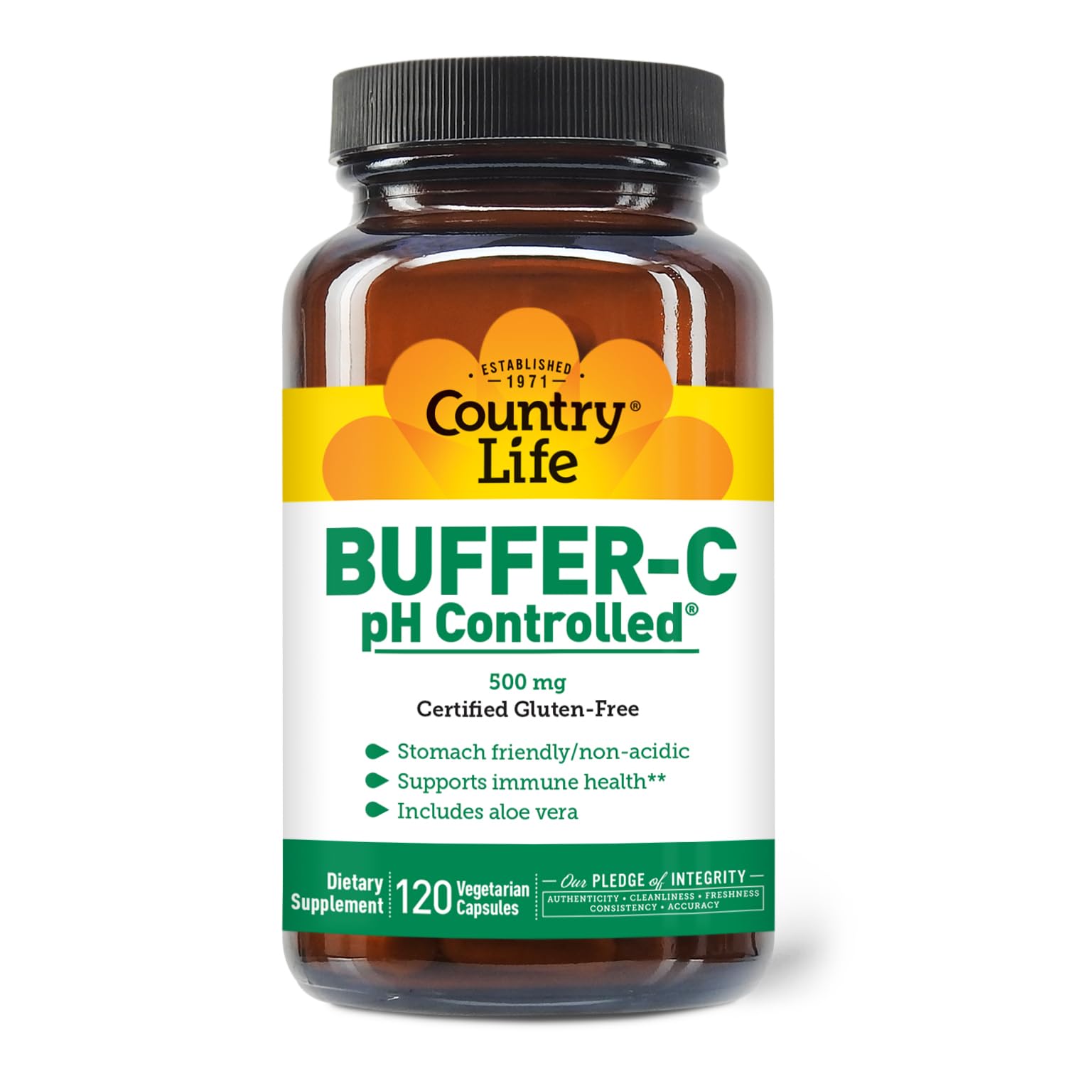 Country Life Buffer-C bottle front, non-acidic vitamin C for a gentle routine.