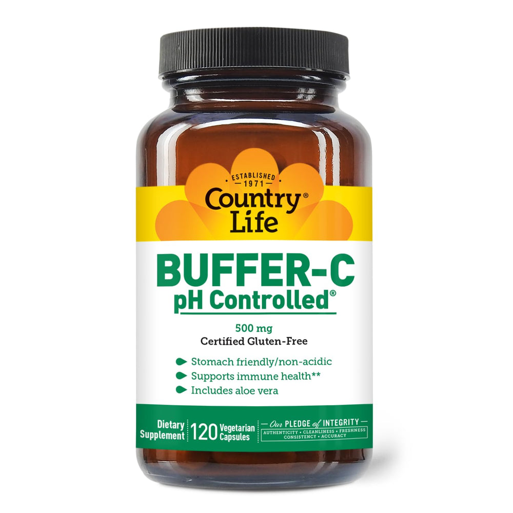 Country Life Buffer-C bottle front, non-acidic vitamin C for a gentle routine.