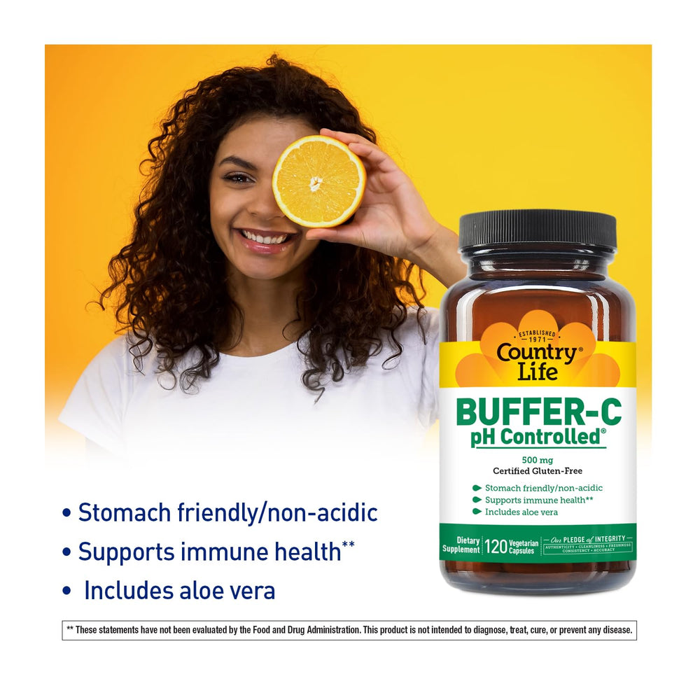 Country Life Buffer-C capsules closeup, vegan capsules delivering buffered vitamin C.