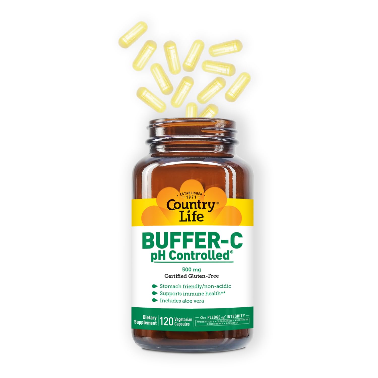 Country Life Buffer-C dosing scene, standard capsules for daily use.