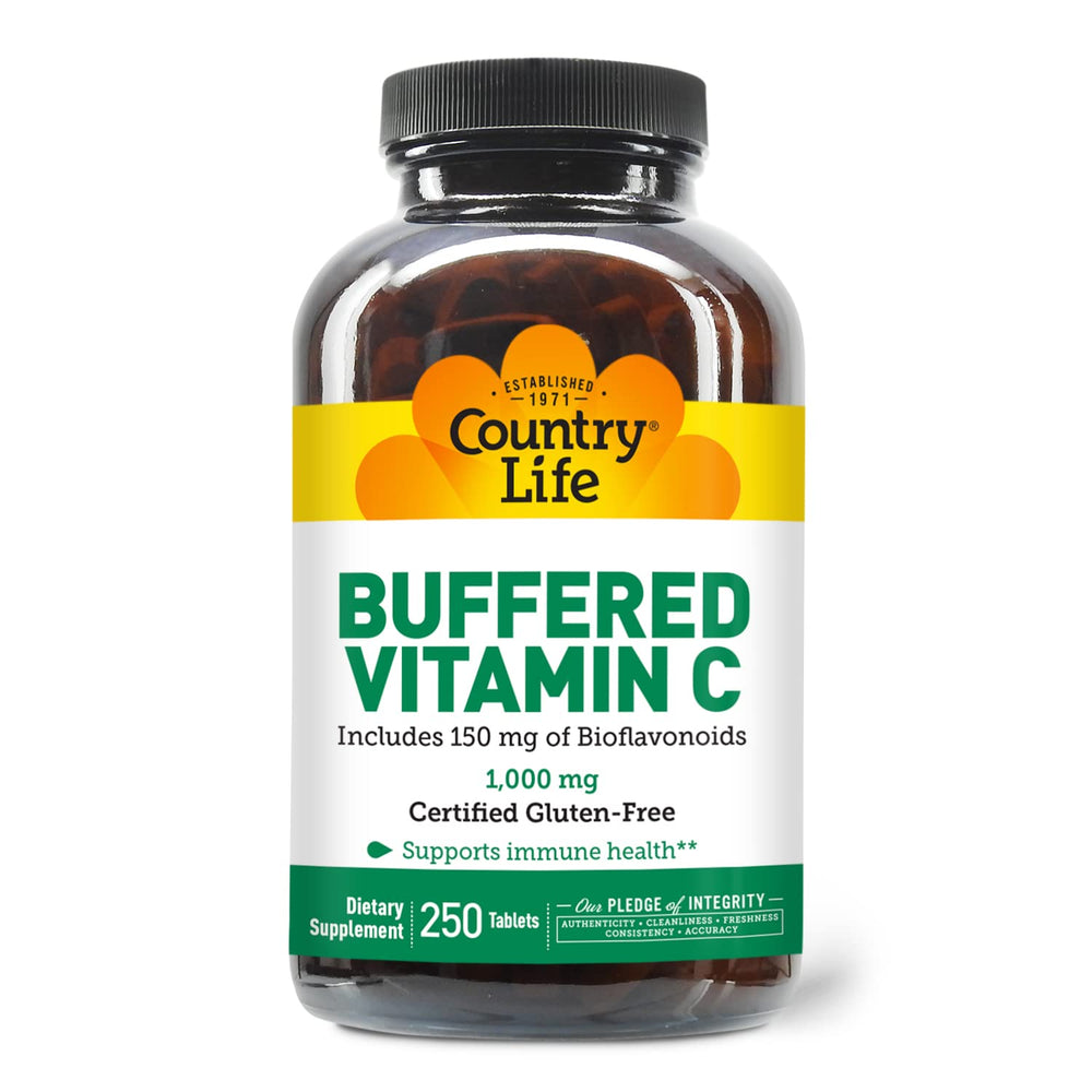 Country Life Buffered Vitamin C capsules closeup with bioflavonoids and potency.