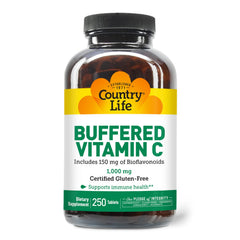 Country Life Buffered Vitamin C capsules closeup with bioflavonoids and potency.