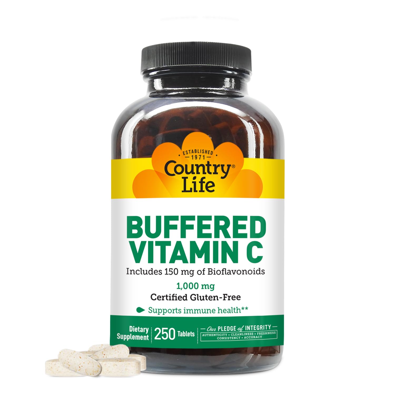 Country Life Buffered Vitamin C 1000mg bottle front for gentle digestion.