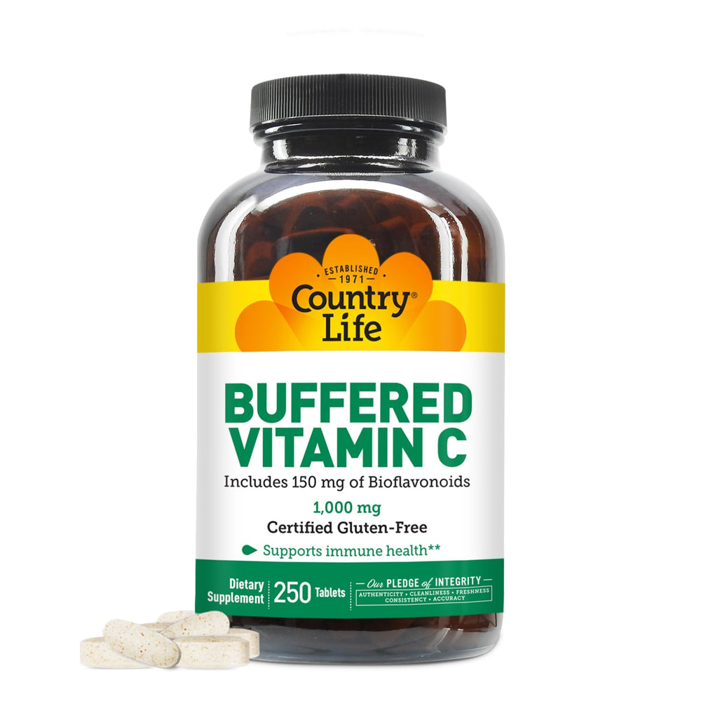 Country Life Buffered Vitamin C 1000mg bottle front for gentle digestion.