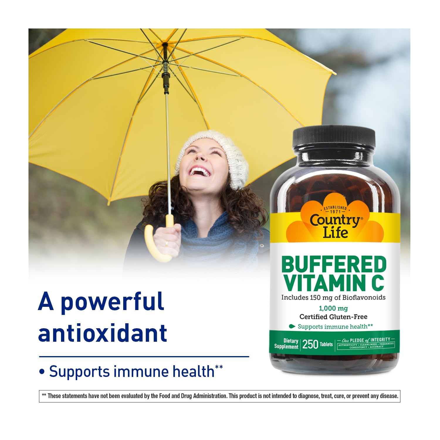 Country Life Buffered Vitamin C bottle displays gluten-free mark.