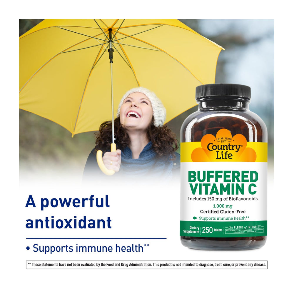 Country Life Buffered Vitamin C bottle displays gluten-free mark.