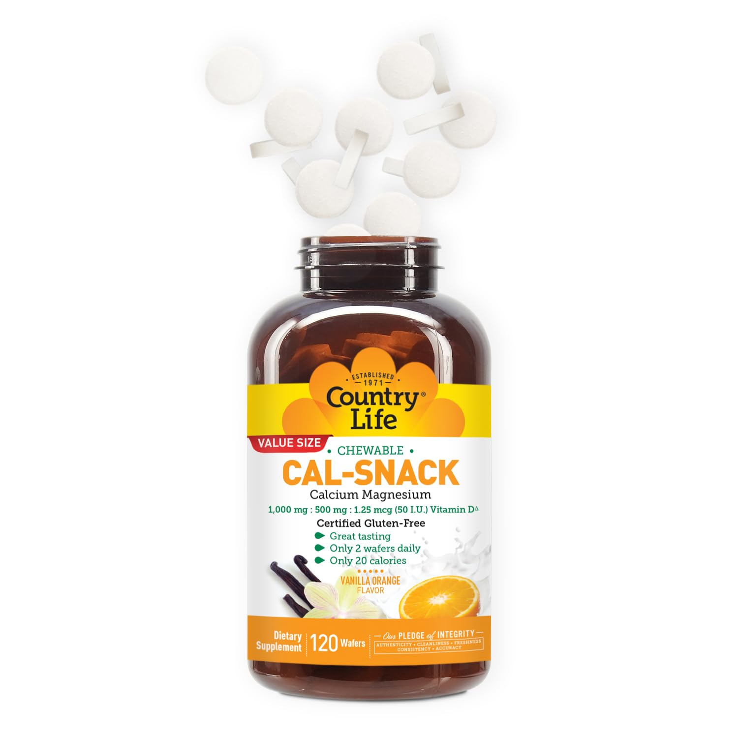 Wafers with vanilla orange flavor and glossy finish