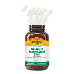 Country Life calcium magnesium zinc tablets closeup highlighting D3 inclusion