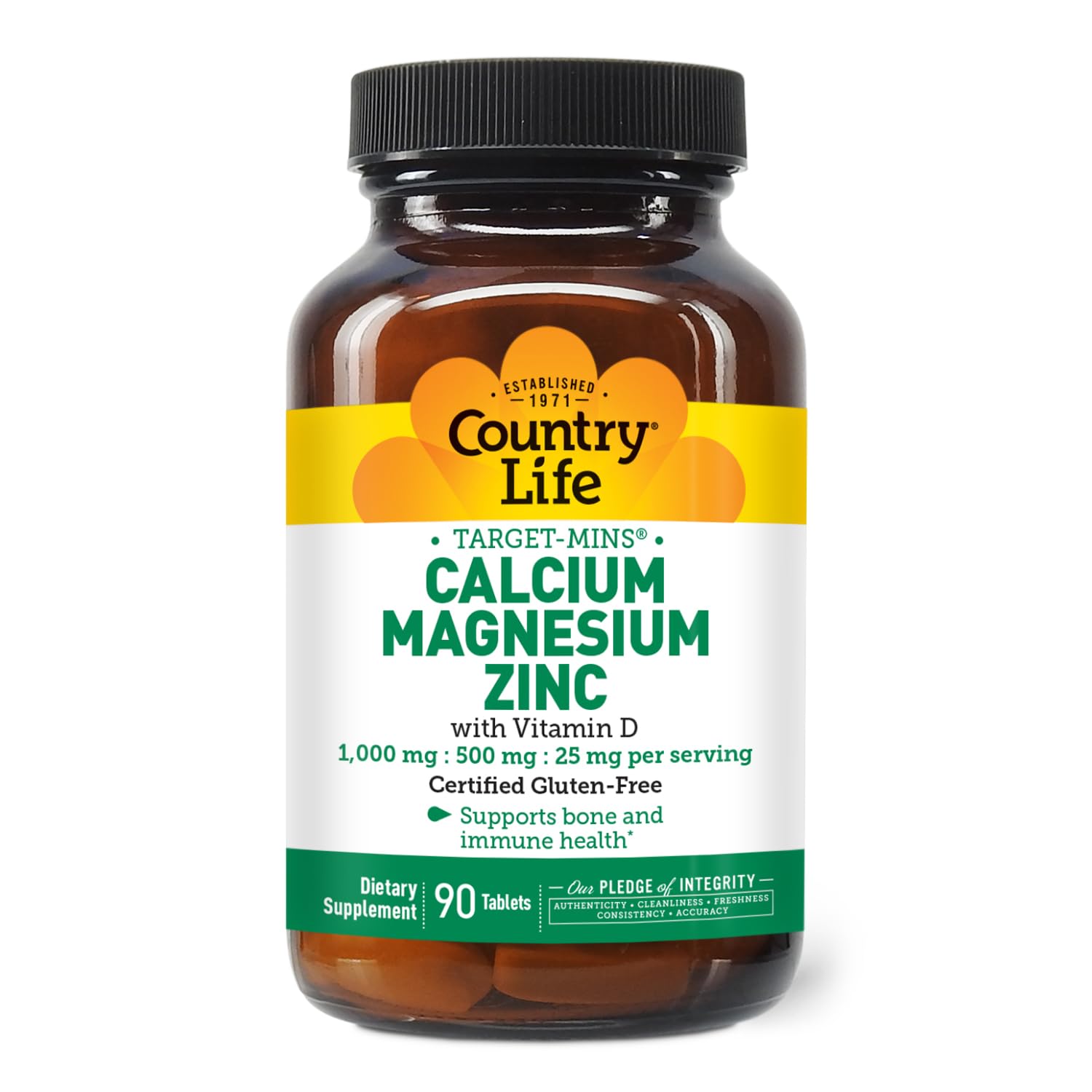 Country Life calcium magnesium zinc with vitamin D3 bottle highlighting bone support.