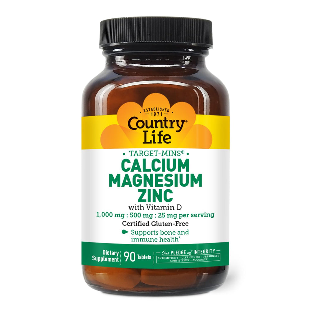 Country Life calcium magnesium zinc with vitamin D3 bottle highlighting bone support.
