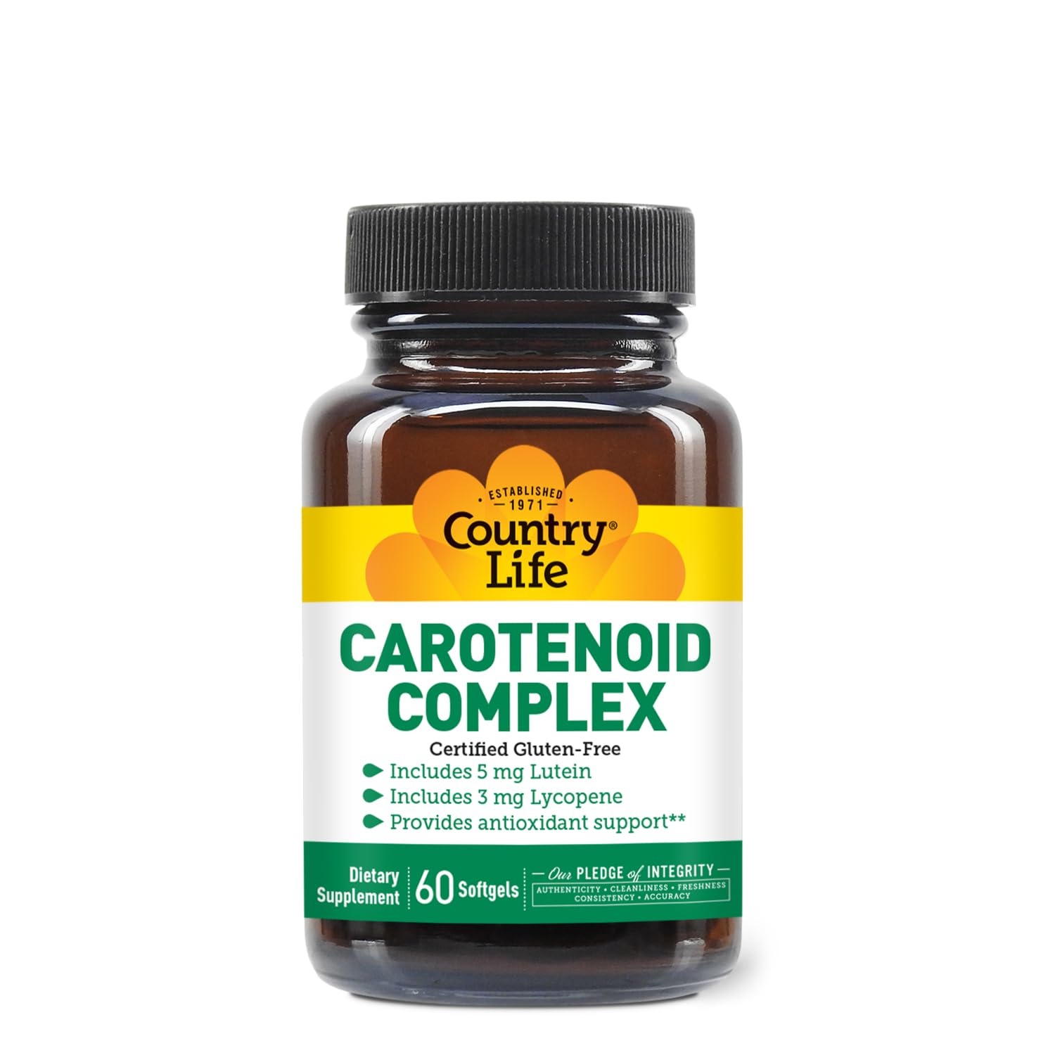 Country Life Carotenoid Complex bottle closeup showing natural blend and label.