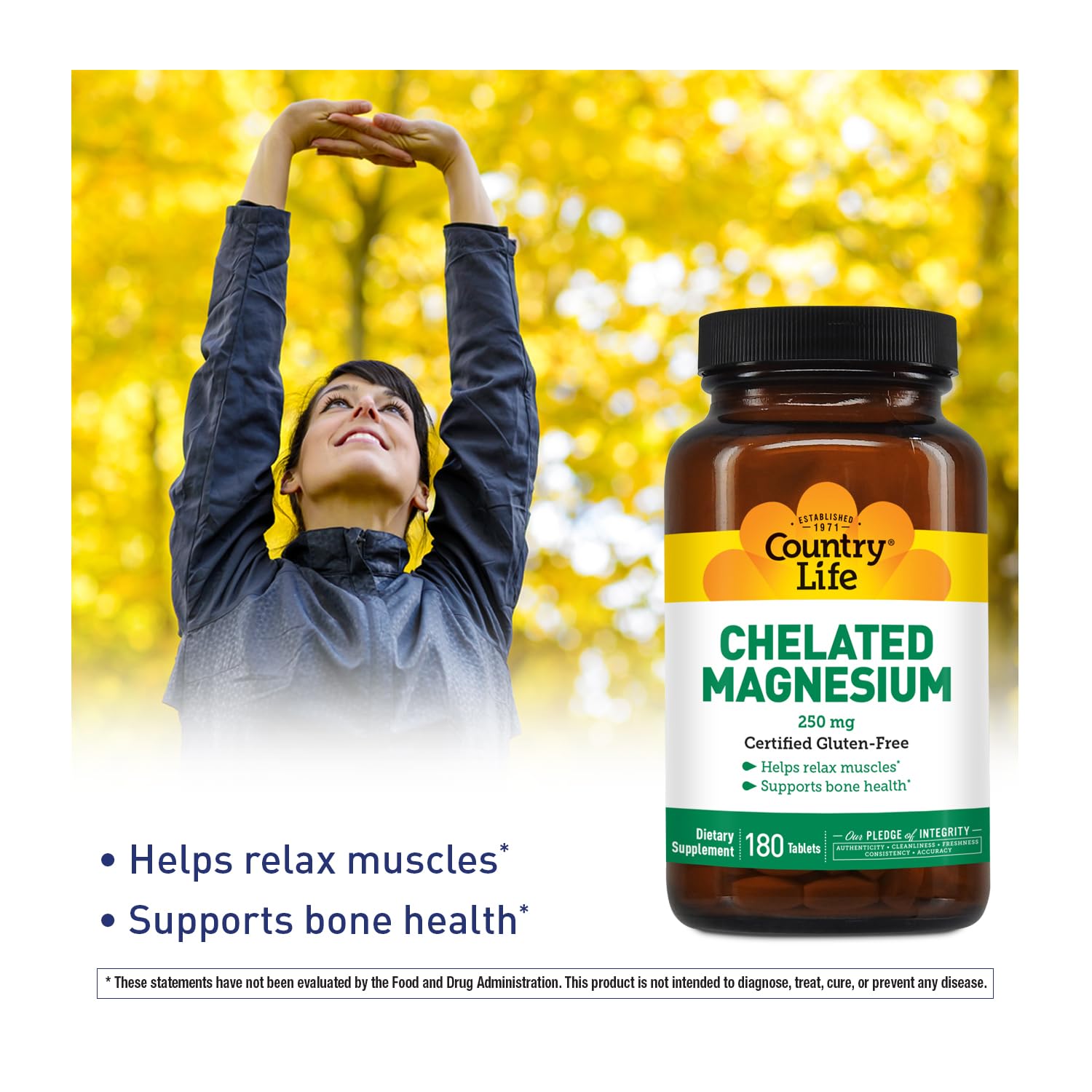 Country Life Chelated Magnesium 250mg bottle back label shows gluten-free certification.