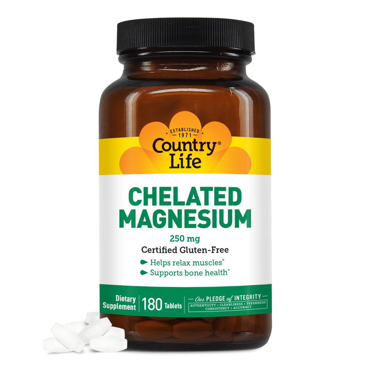 Country Life Chelated Magnesium 250mg bottle front view, vegan-friendly formula.