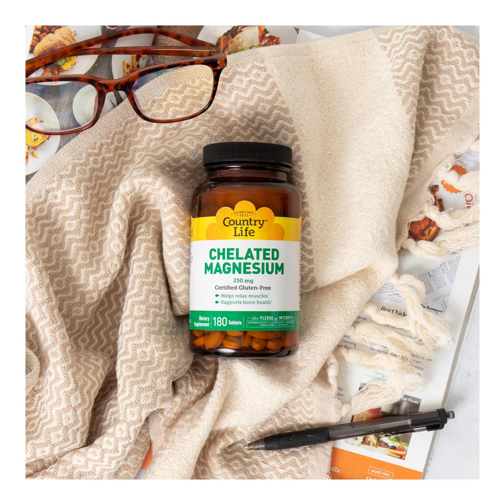 Country Life Chelated Magnesium 250mg gluten-free label on packaging.