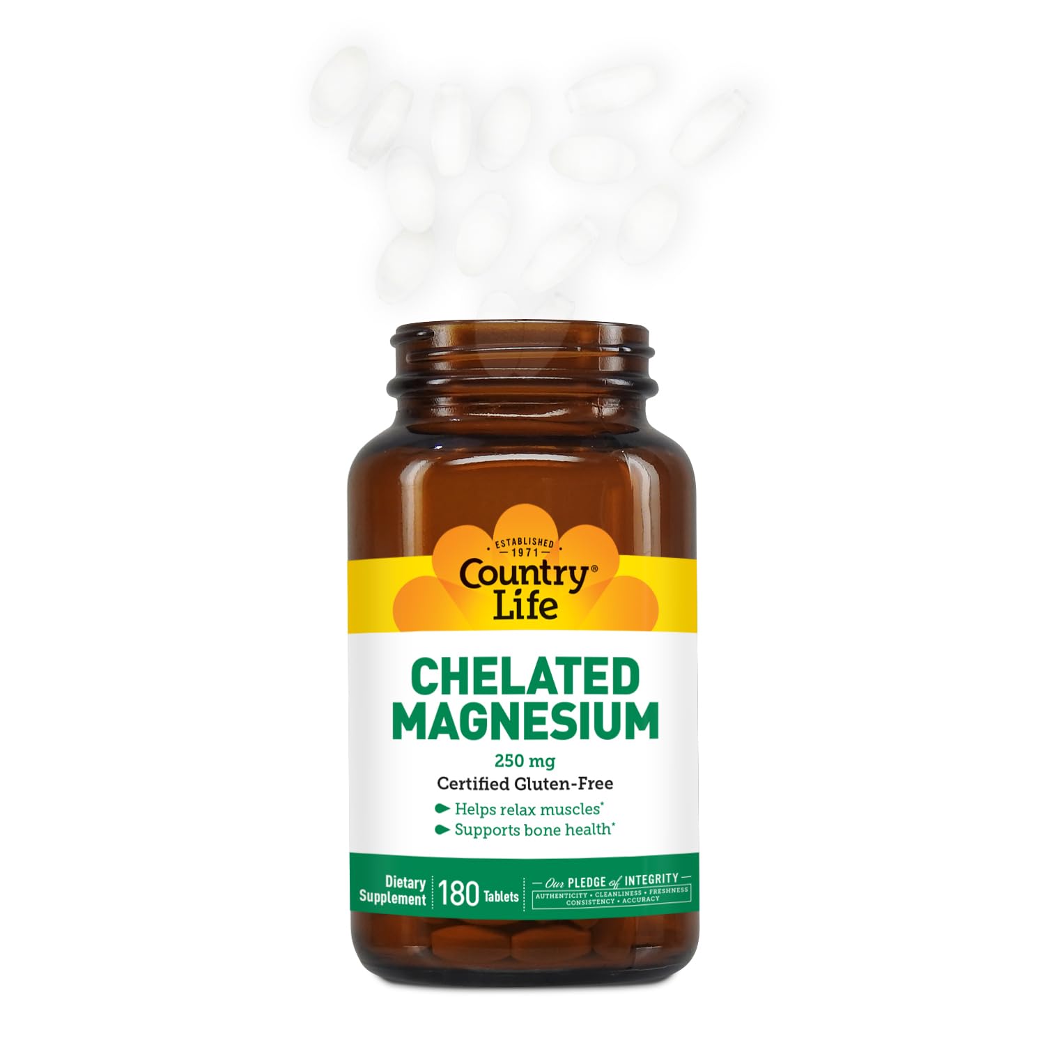 Country Life Chelated Magnesium 250mg vegan symbol on packaging.