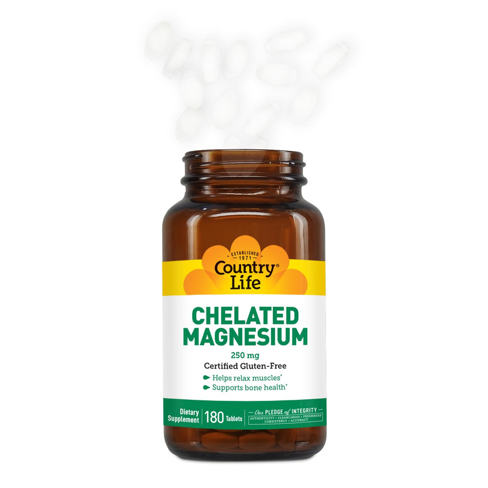 Country Life Chelated Magnesium 250mg vegan symbol on packaging.