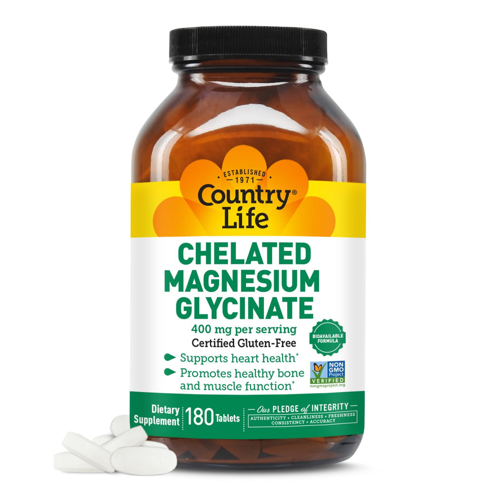 Country Life Chelated Magnesium Glycinate 400mg bottle front promoting muscle relaxation and daily well-being