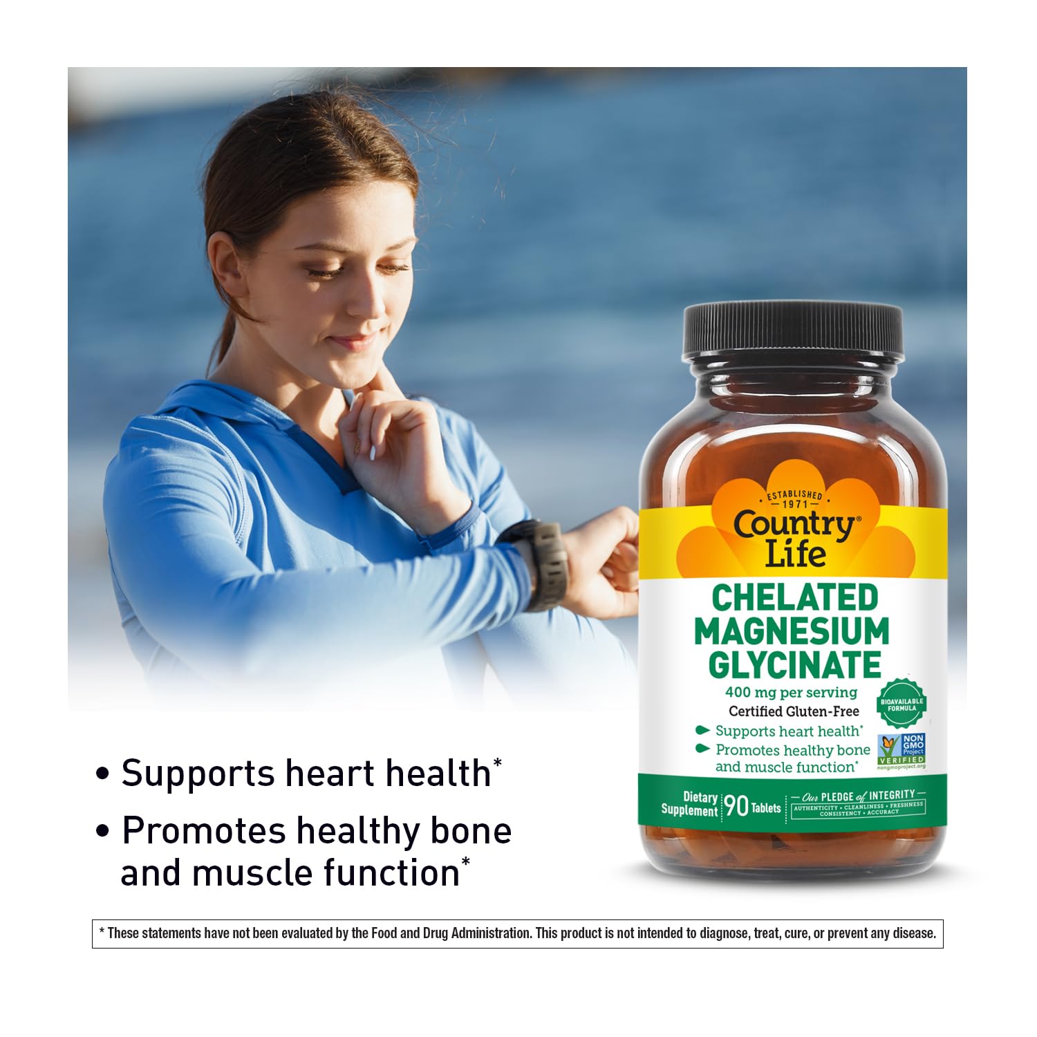 Country Life magnesium glycinate tablets close-up showing high-absorption formula.