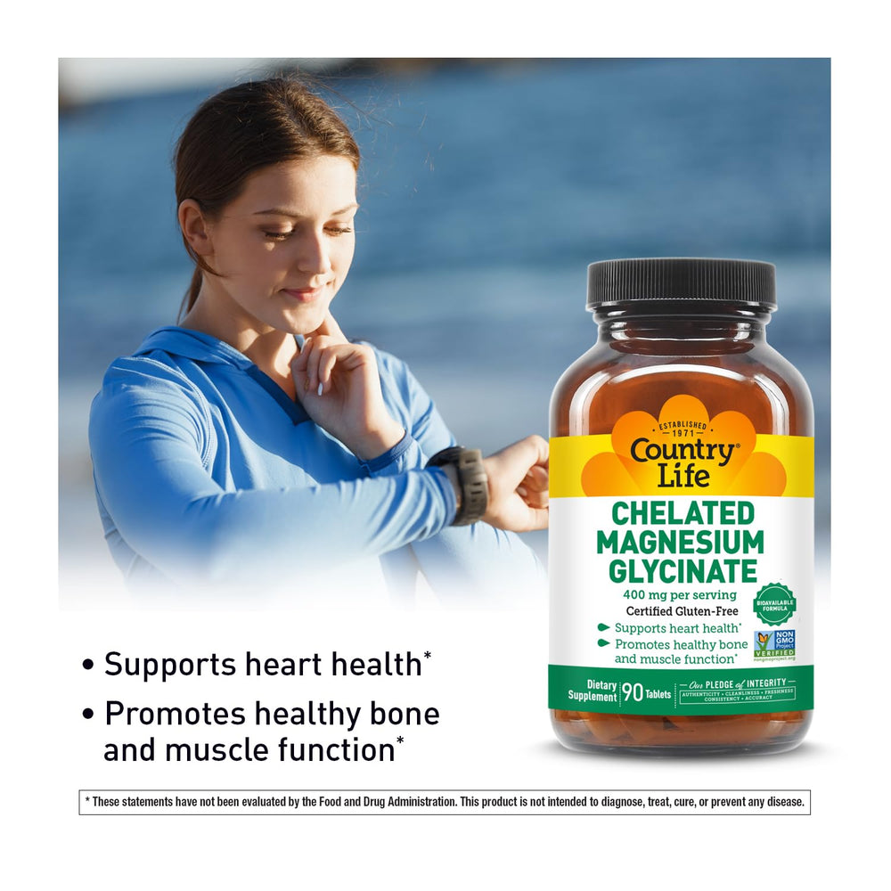 Country Life magnesium glycinate tablets close-up showing high-absorption formula.