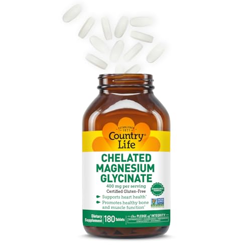 Country Life Chelated Magnesium Glycinate 400mg tablets image highlighting 180-count bottle for steady energy and immune support