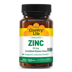 Country Life chelated zinc 50 mg bottle showing enhanced absorption for daily immune support.