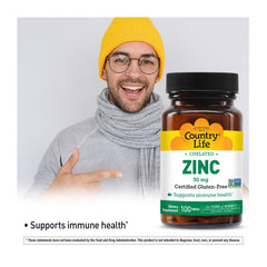 Country Life chelated zinc 50 mg packaging emphasizing gluten-free and vegan traits.