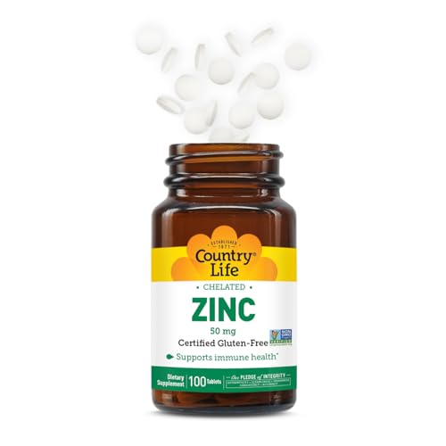 Country Life chelated zinc 50 mg tablets close-up highlighting bioavailability.